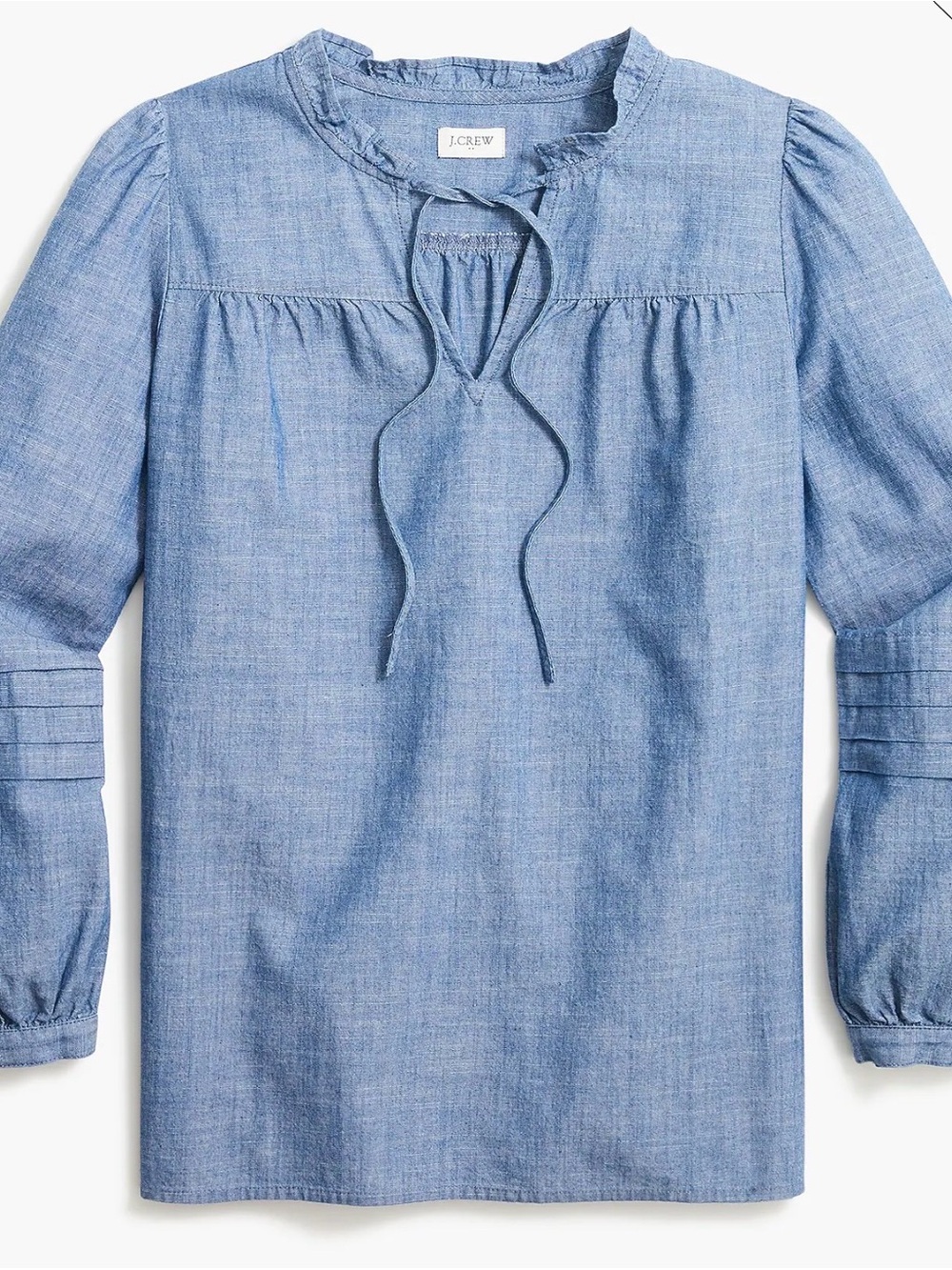 J. Crew Factory Light Blue Chambray Tie-Front Peasant Blouse